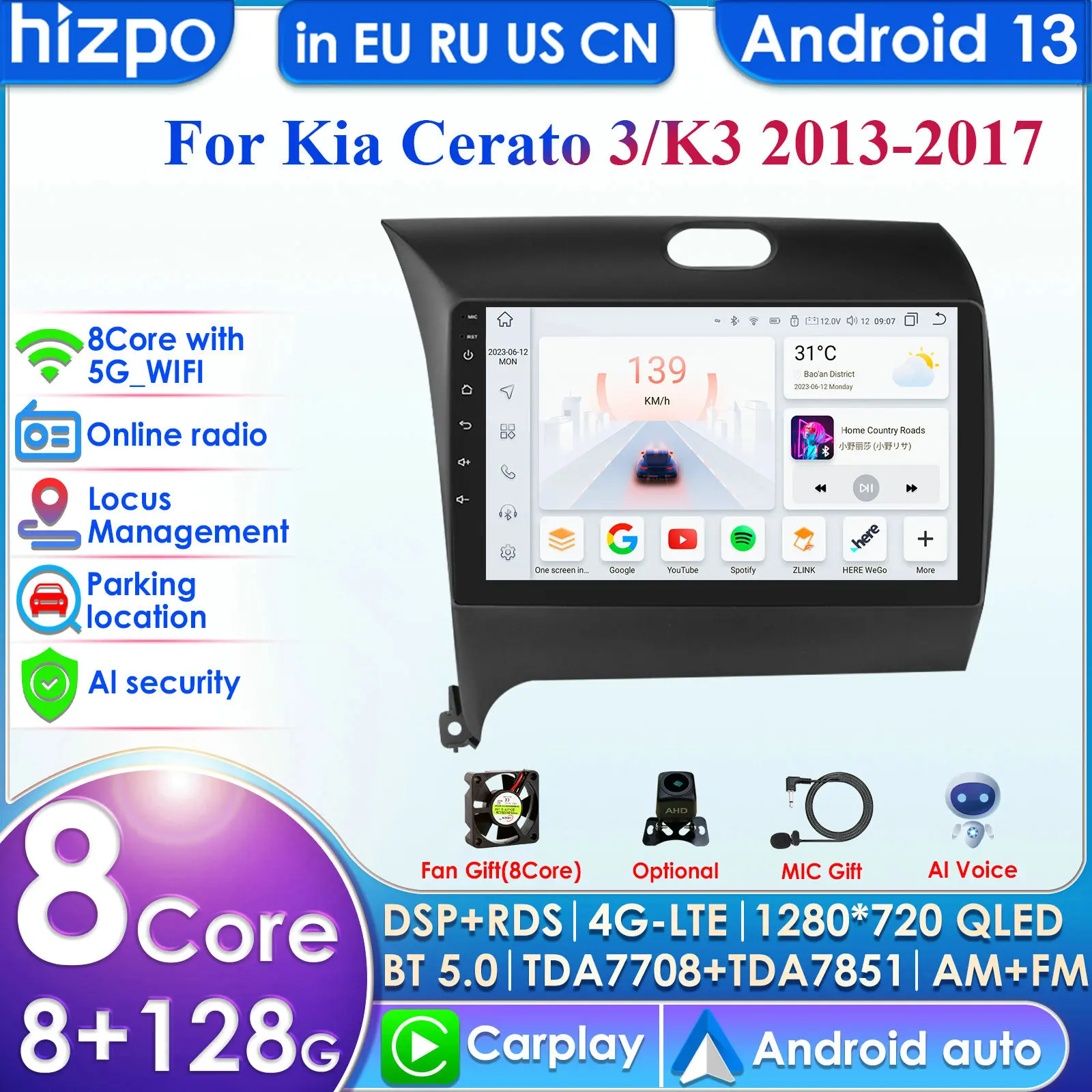 Hizpo 4G 9'' AI Intelligent System Wireless CarPlay Android Auto Radio for Kia K3 Cerato 3 Forte 2013-2017 Car Multimedia GPS BT