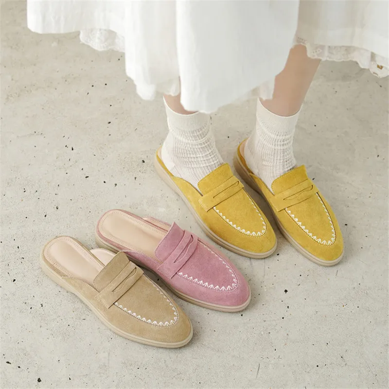 

Новые весенне-летние тапочки, летняя обувь, мюли из коровьей замши с круглым носком, женские туфли на низком каблуке, универсальные розовые женские туфли ручной работы