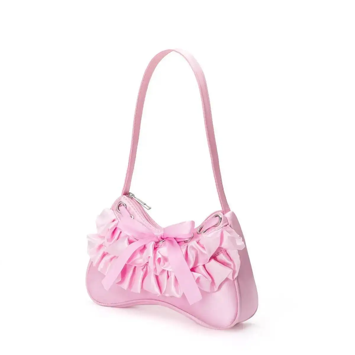Bloom Sweet Cute Bow Satin Y2k Shoulder Bags Women New Fashionable Zipper Underarm Bag Hot Girls High Street Handbag Aesthetic