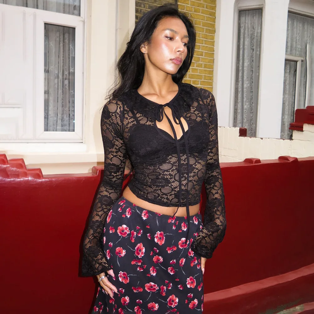

Absobe 2025 Fall Winter Women Sexy Lace Sheer Hollow Out Top Flared Sleeve Slim Fit See Through Blouse Fashion Tee Streetwear