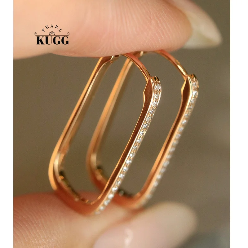 KUGG 100% 18K White/Rose Gold Earrings Fashion Rectangle Shape Real Natural Diamond Hoop Earrings for Women Fine Party Jewelry