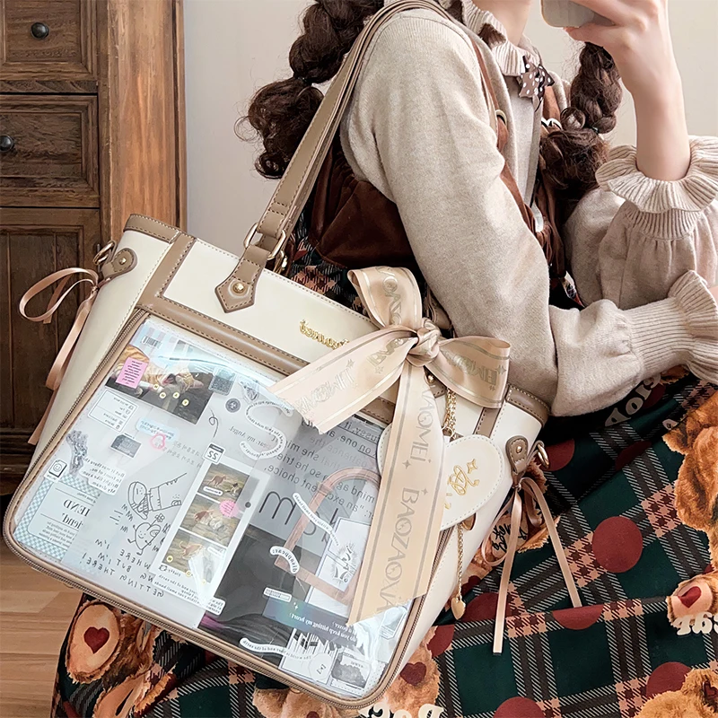 Japanese Cute Two-Dimensional Itabag Subculture Pu Spice Girl Daily Crossbody Bags for Women Sweet Lolita Transparent Tote Bag