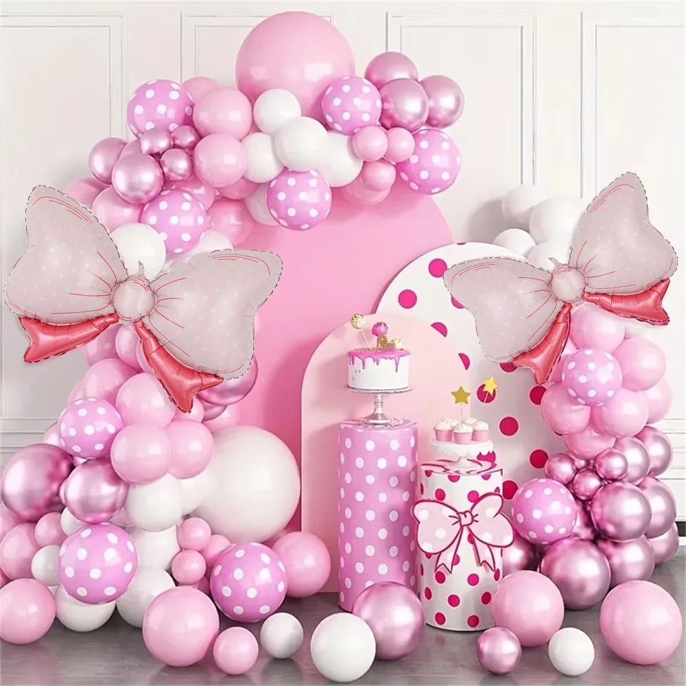 

106pcs Pink Bow Balloon Corolla Arched Set Pink White Rose Red Bow Aluminum Foil Balloons