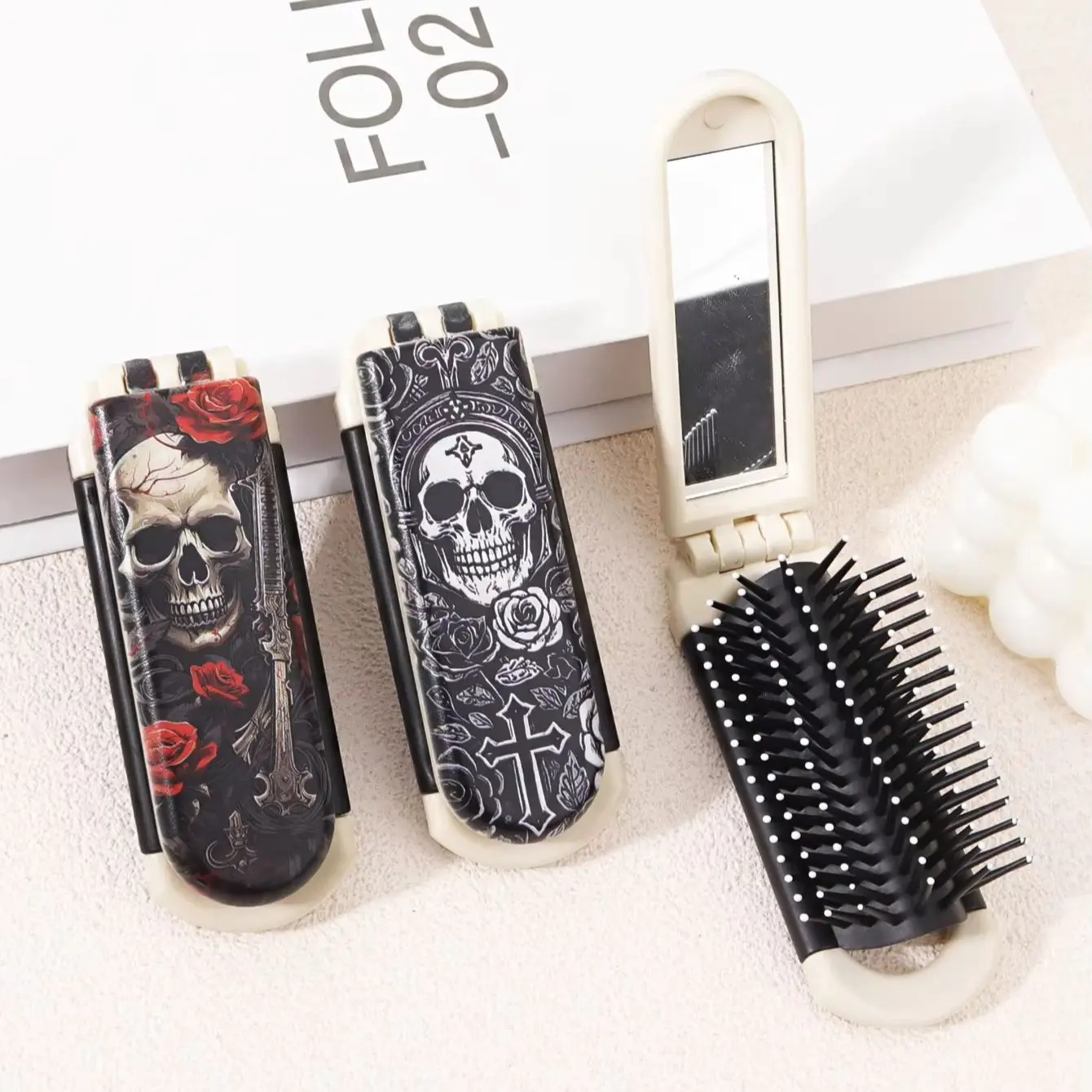 

1pc Skeleton Flower Cross Pattern Folding Haircomb with Built in Mirror for Gentle Combing and Styling