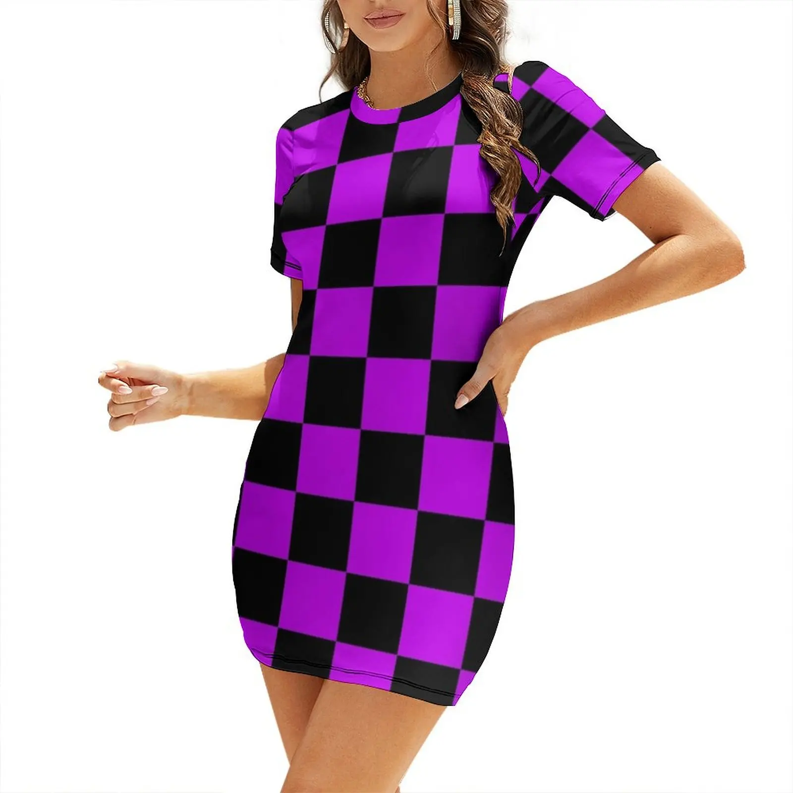 Black and Purple Checkerboard Pattern Short Sleeved Dress Summer skirt women's luxury party dress dress korean style