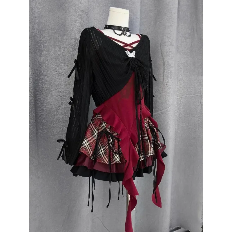 Spice Girl Fashion Design Suit Summer New Subculture Black Smock Irregular Y2k Suspender Plaid Puffy Skirt Three-Piece Set 2025