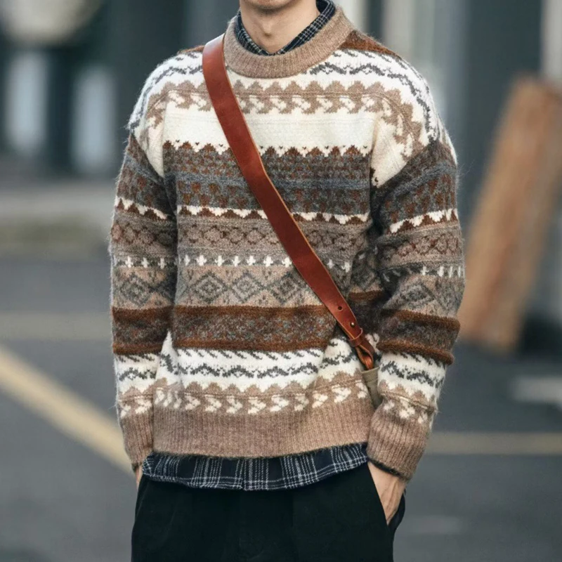 Vintage Style Sweaters Mens Fall Winter Christmas Graphic Crochet Knit Jumpers Mens Fashion Long Sleeve Crew Neck Knitted Tops