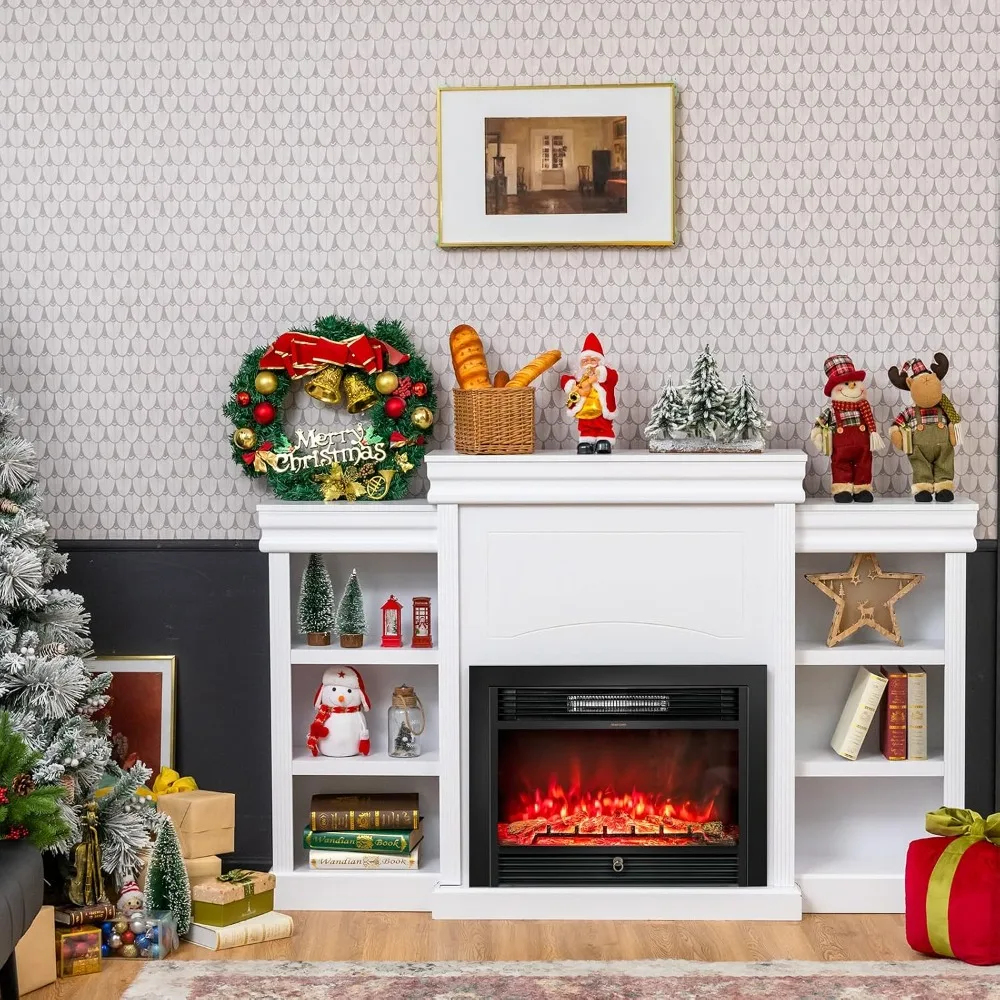 70 Inches Freestanding Mantel Stand, Modern Media Fireplace Cabinet for Living Room Bedroom, Wooden Mantel Console Tabl