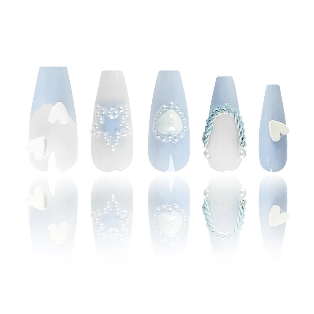 

24Pcs Mid-length French Ballet Press on Nails Blue 3D Love Heart Pearl Chain Design False Nails Star Detachable Fake Nails Tips