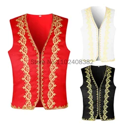 Gold Embroidery Baroque Vest Men Slim Fit Palace Prince Gentleman Black Vest Waistcoat Men Stage Prom Drama Opera Costume
