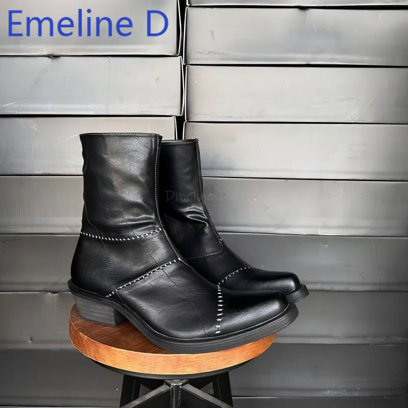 Black Upturned Short Boots Minimalist Style Stitched Design Pointed Thick Heel Height Increase Trendy Men Fashion Boots