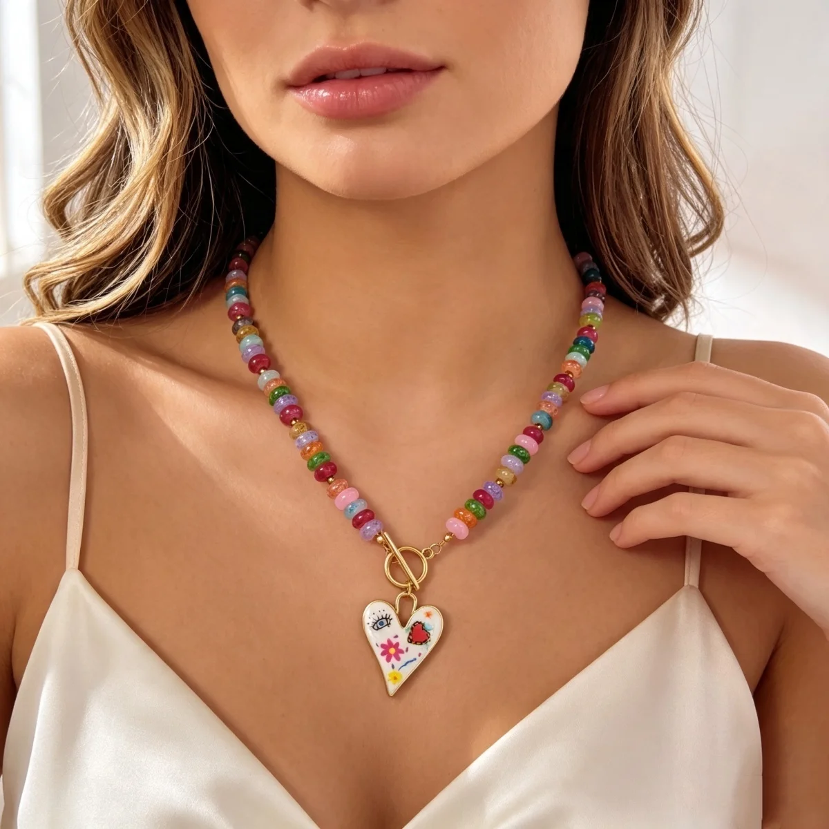 Dopamin Bunte Glas-Flachperlen Graffiti-Blumen-Herz-Anhänger Halskette für Frauen Männer Y2K Vintage OT-Schnallen-Choker Schmuck – Detail 7