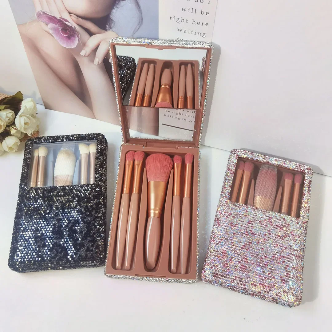 Diamond Portable Travel Makeup Brush Set With Mirror Bling Rhinestone Storage Box Blush Powder Eye Shadow Brush 5PCS Beauty Tool