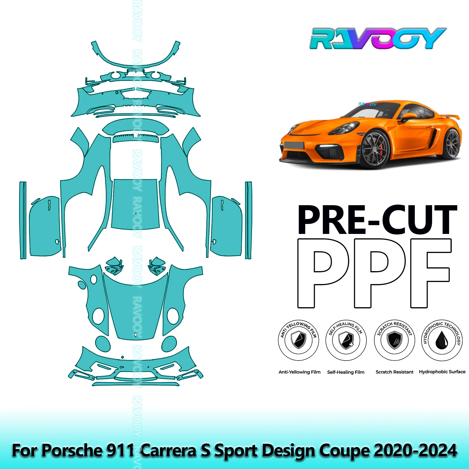 

For Porsche 911 Carrera S Sport Design Coupe 2020-2024 Full Vehicle Clear Bra 8.5Mil Precut PPF Paint Protection Film