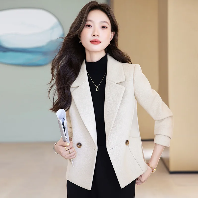 High quality woolen blazer for women long sleeve jacket with pocket autumn winter 2025 elegant office clothes brown blue beige