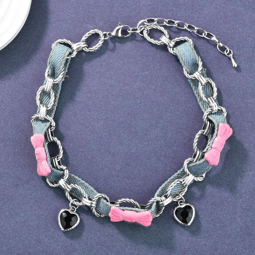 2025Сладкое и крутое ожерелье для горячих девушек, подвеска в форме сердца с розовым бантом, синее джинсовое ожерелье-колье