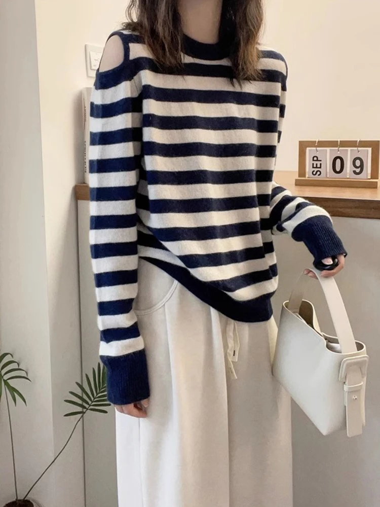 

Color Blo Striped oulder Bared Knitted Sweater Loose Fit Long Sve Comfortable Soft Women's Faion Autumn Top