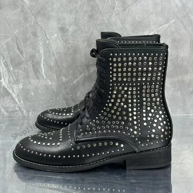 

Silver Rivets Decor Black Cross Tied Men Boots Fashion Lace Up Men Boots Luxurious Handmade Party Banquet Office Men Dress Shoes