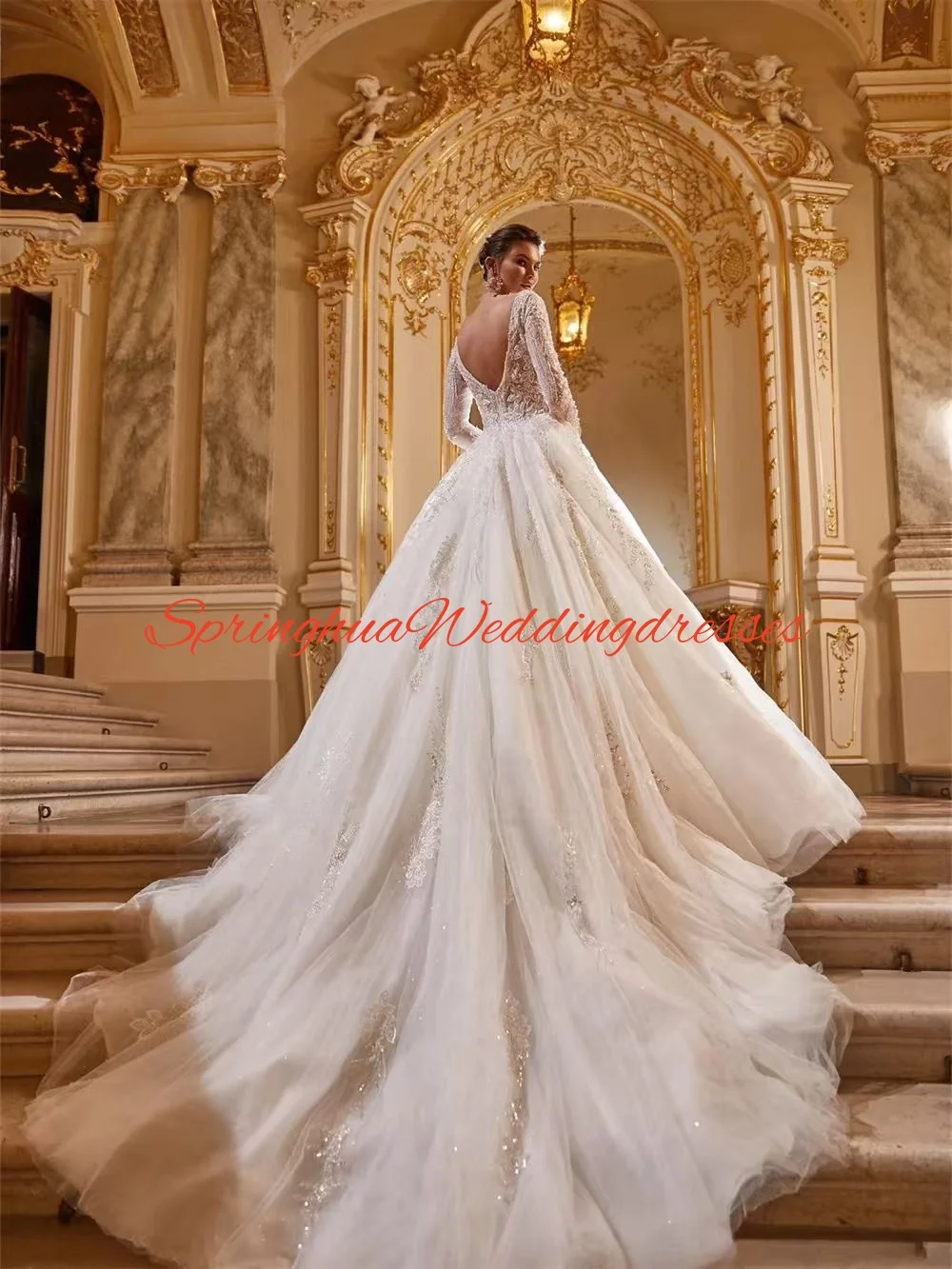 Customized Long Sleeve Wedding Dress  Mesmerizing V Neck Bridal Dress Bridal Gown For Wedding Party