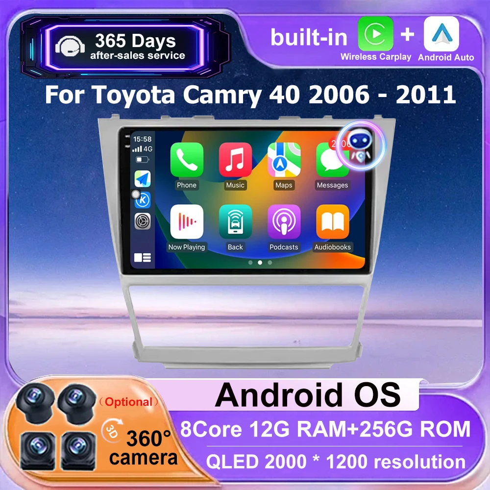 Android 15 For Toyota Camry 40 2006 - 2011 Car Radio Multimedia Video Player GPS Navigation Stereo Wireless Carplay QLED Screen