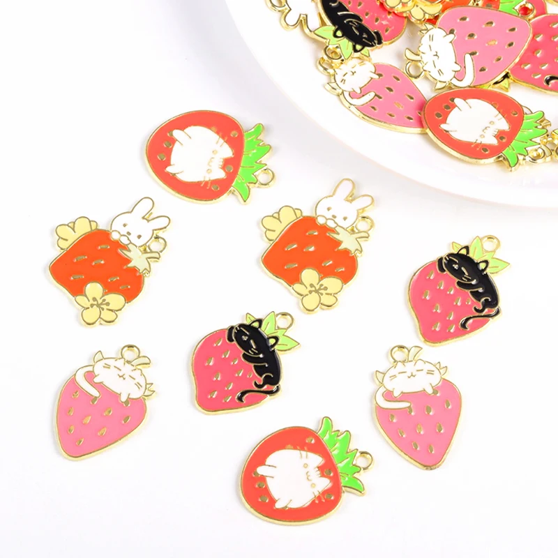 

10Pcs/Lot Mixed Style Cute Enamel Strawberry Cat Charms Kawaii Cartoon Cat Pendants For DIY Handmade Jewelry Making Accessories