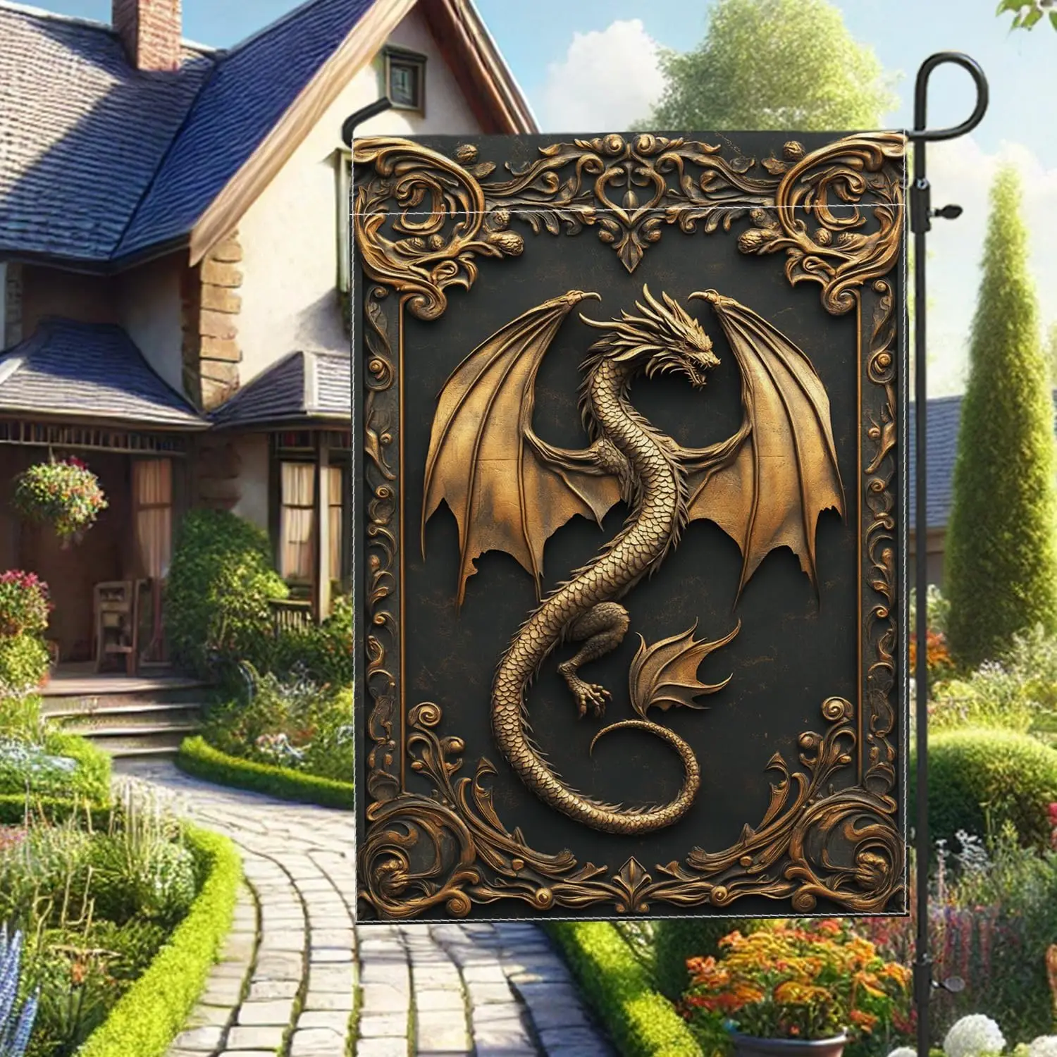 Fantasy Dragon Garden Flag, Bronze Dragon Design Outdoor Decor for Spring Summer, Double-Sided Yard Banner, Singular Art Law PPZ
