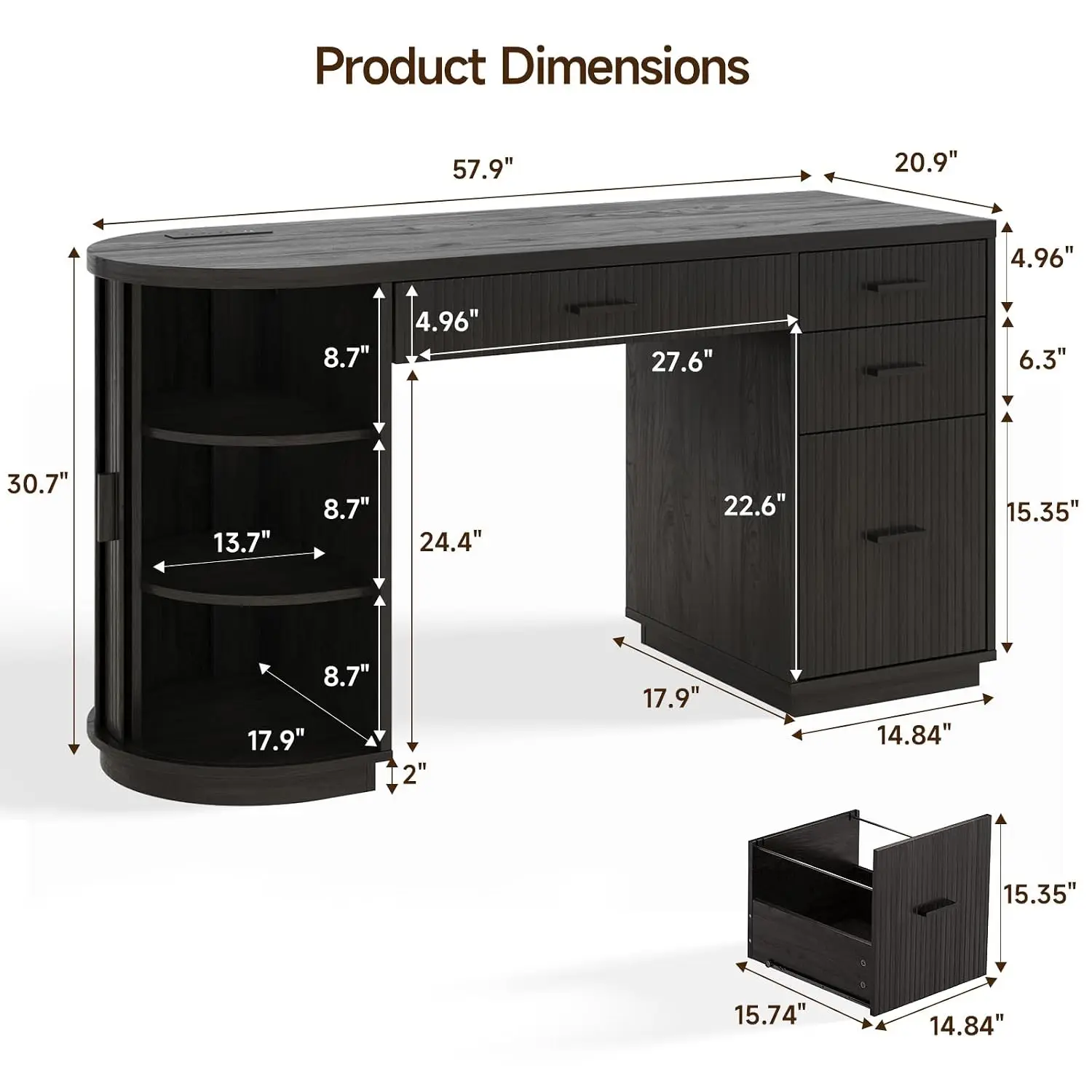 58 Inch Fluted Executive Desk with File Drawer, Black, Customized
