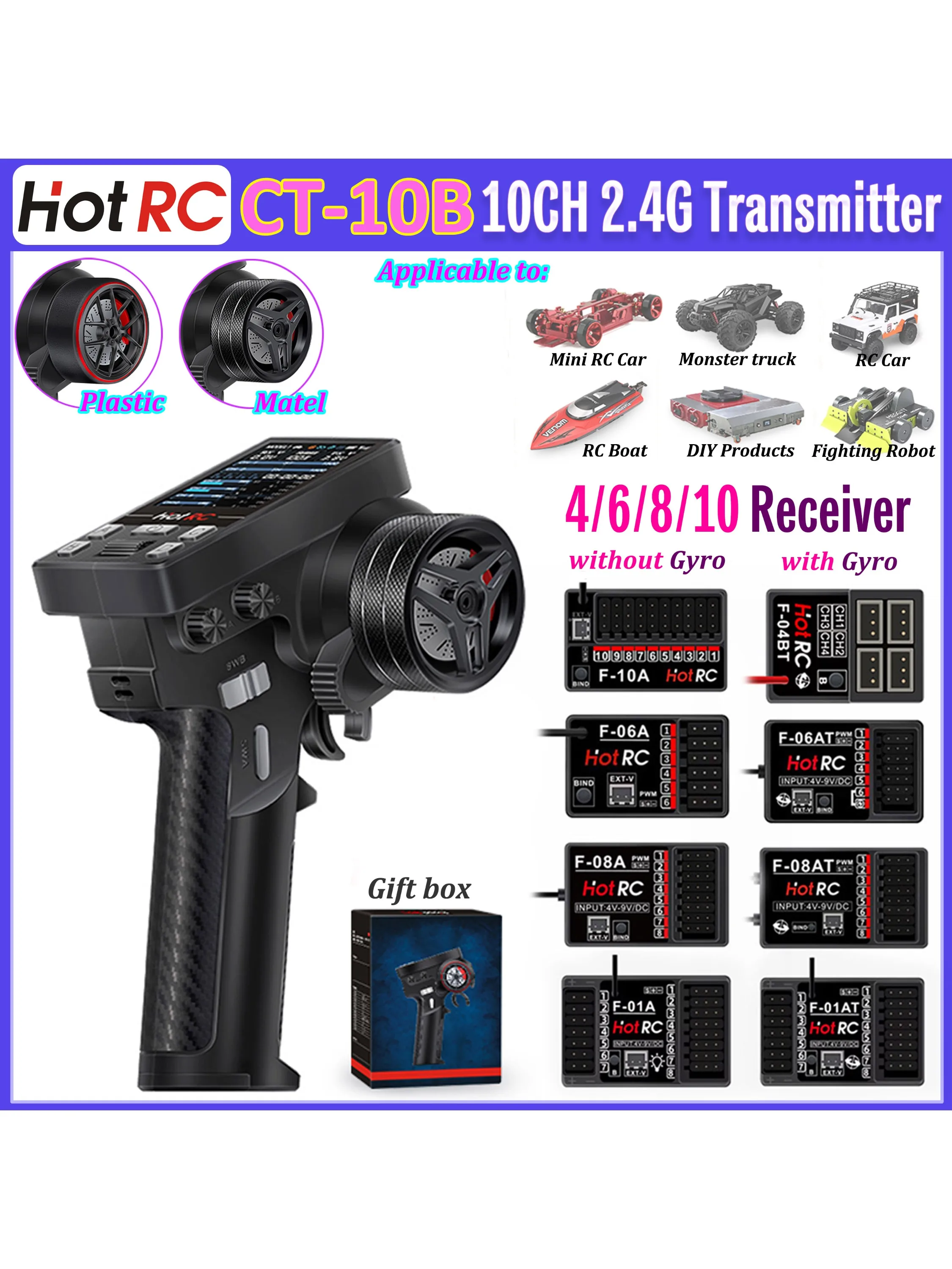 HotRC CT-10B 10-Kanal Sender Farbbildschirm Metall/Kunststoff Handrad Fernbedienung 4/6/8/10CH Gyro-Empfänger für RC Auto LKW Boot