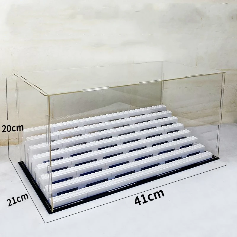 Figuren-Display-Box, kompatibel mit LEGO Minifigur, Aufbewahrungsbox, Leiter, transparenter Acryl-Staubschutz, zusammengebauter Baustein