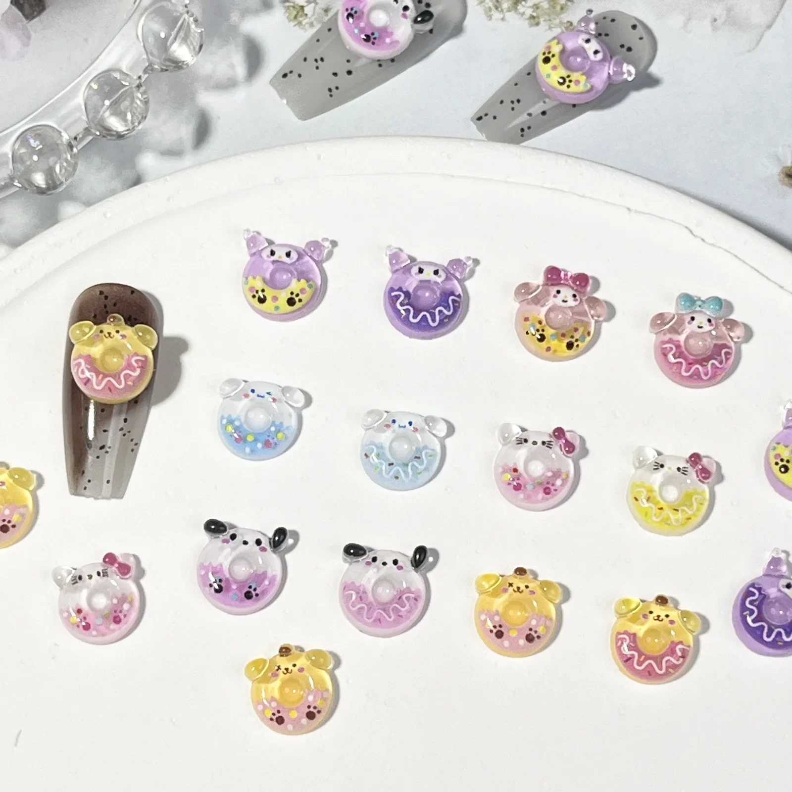 20pcs Sanrio Donuts 3d Nail Charms DIY Cute Cartoon Food Toy Kuromi Melody Hello Kitty Nail Art Decoration