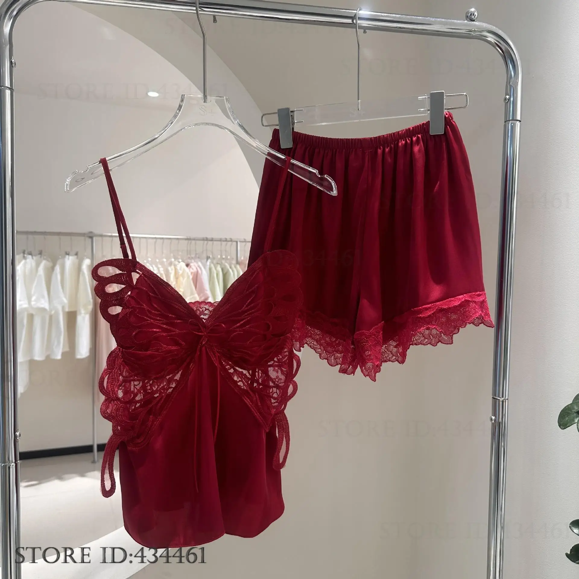 

Sexy Butterfly Lace Suspender Pajamas Set Women Sleepwear Summer New Nightwear Loungewear Silk Satin Strap Top&shorts Home Wear
