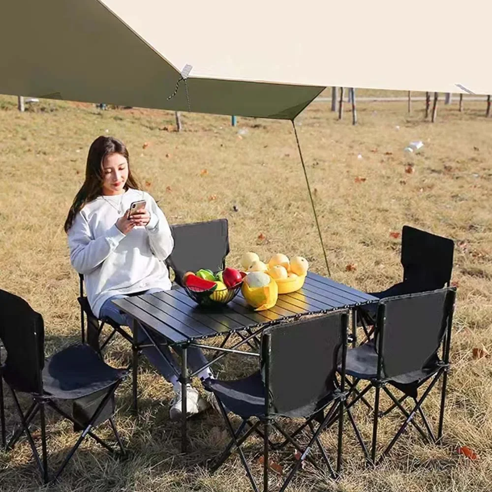 Outdoor folding long table, black camping table, easy to install for barbecue, equipped with mesh bag, freely adjustable height!