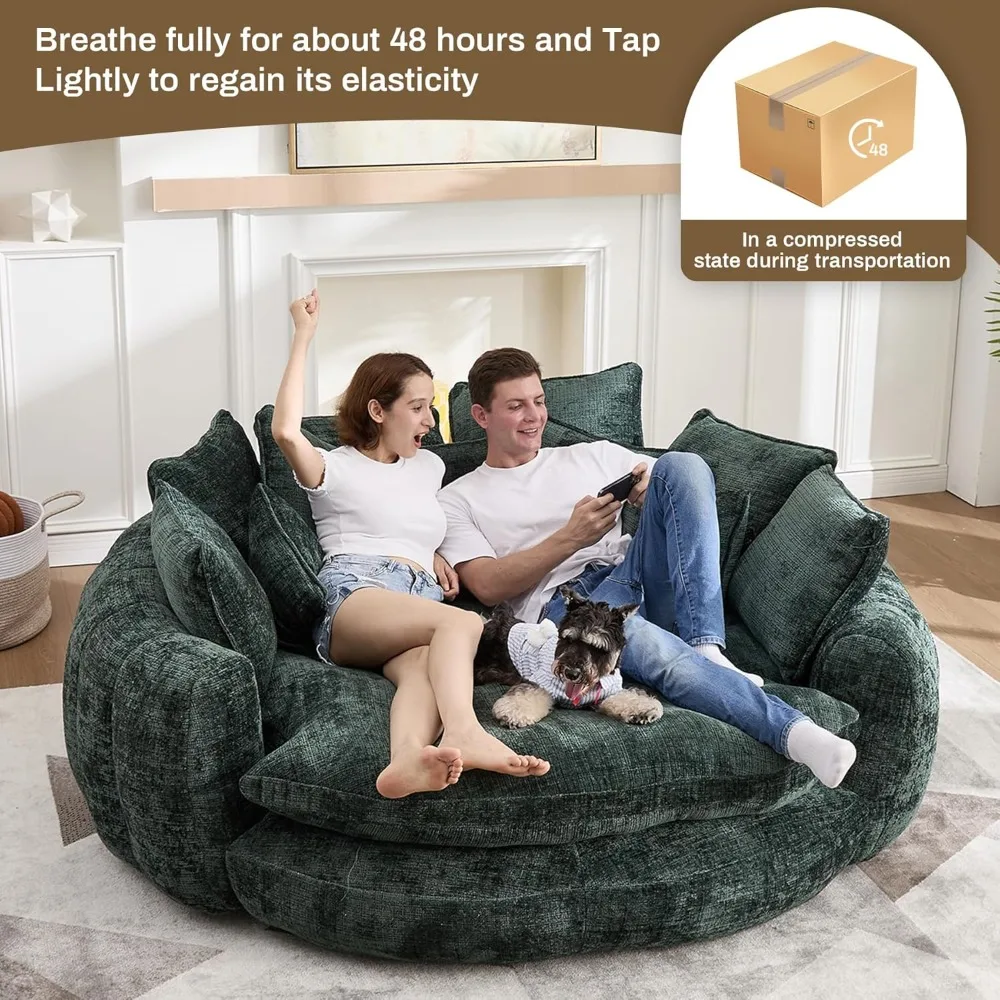 كرسي استرخاء مستدير كبير الحجم مقاس 81.1 بوصة، أريكة كيس فول كسول رقيق مع 14 وسادة، سرير نوم مريح منجد من الشنيل