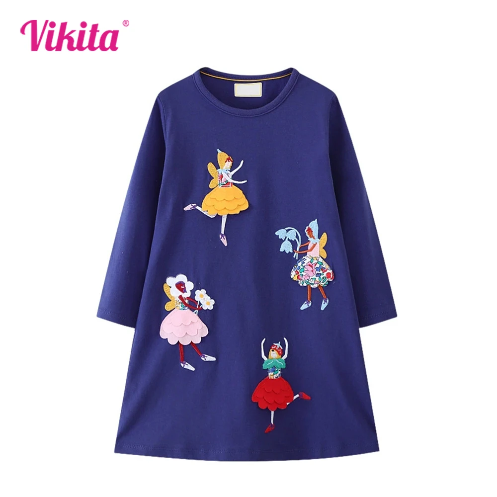 

VIKITA Children Clothes Kids Cotton Casual Autumn Spring Long Sleeve Straight Dresses Girls Elf Witch Cartoon Appliqued Frocks