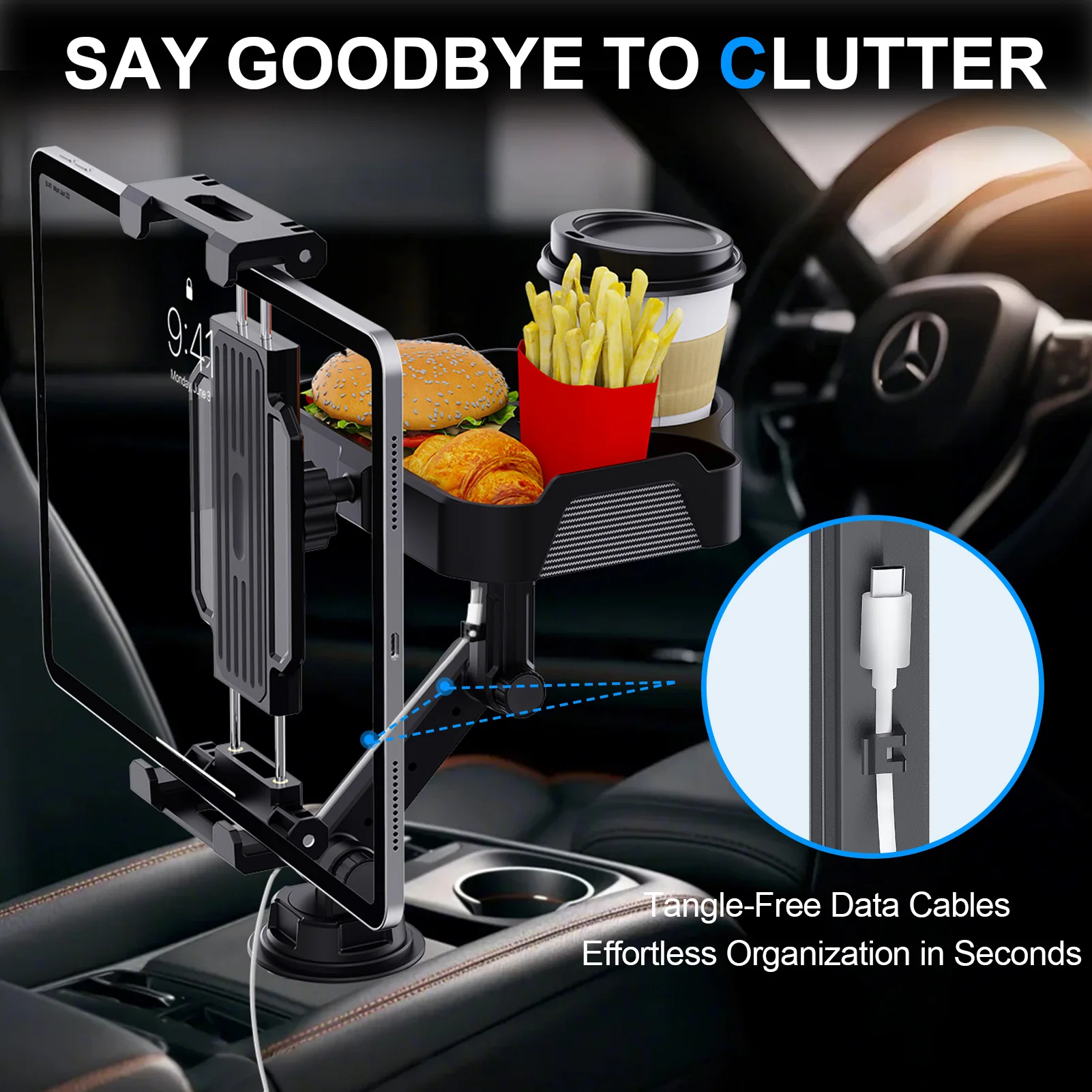 3 in 1 Car Tablet Stand Car Cup Holder Multifunction Mobile Phone Holder Car Drinks Holder with Food Tray 360° Swivel Adjustable