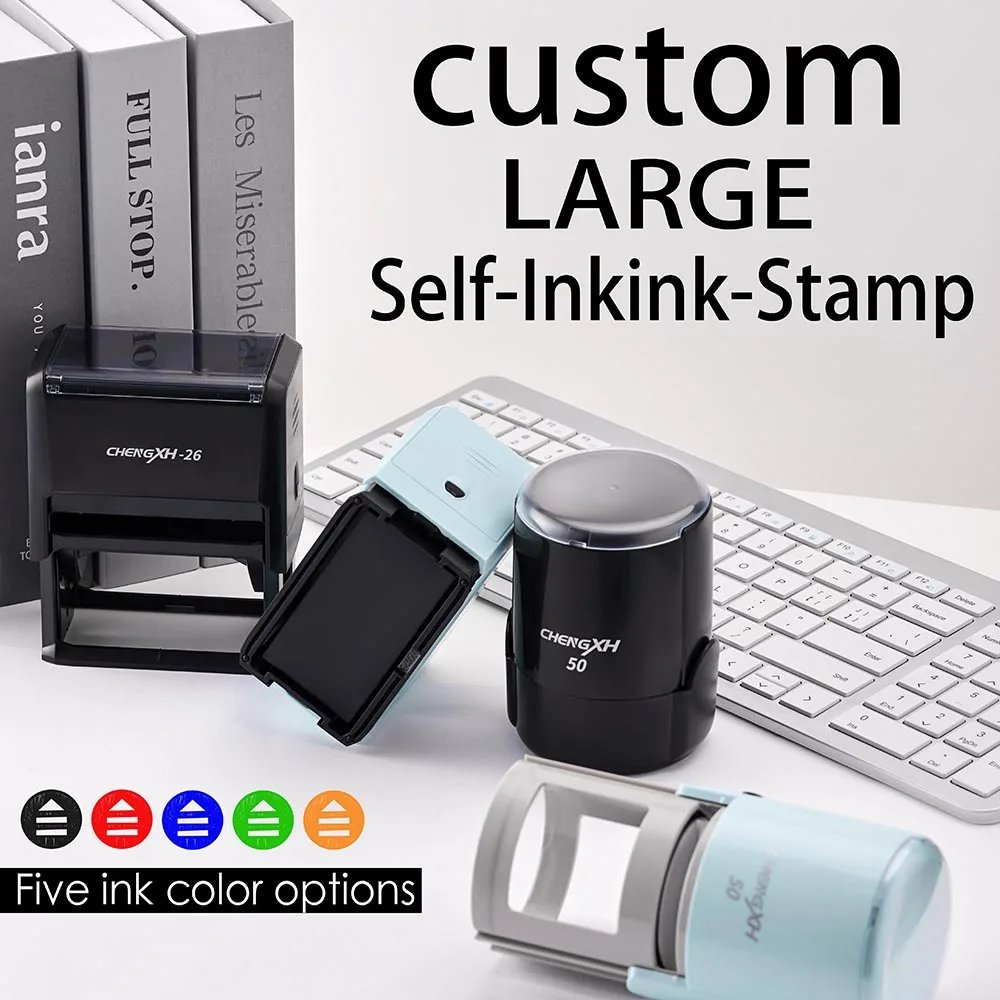 Custom self-inking stamp: Large round, custom logo.  ink pad. For offices, bulk orders (teachers, business)