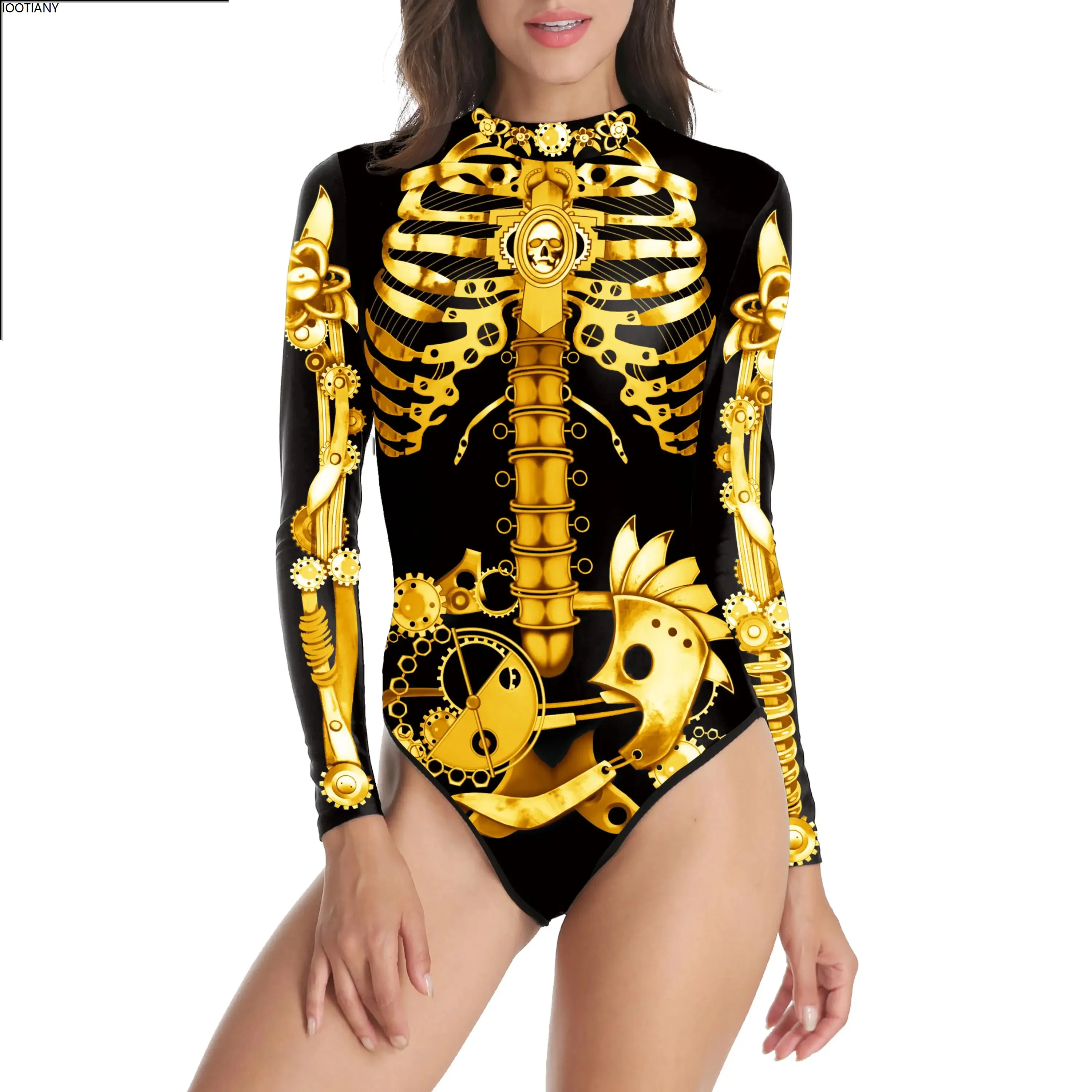 새로운 여성 섹시한 점프 슈트 할로윈 공포 해골 코스프레 수영복 펑크 3D 프린트 긴 소매 수영복 카니발 파티 해변 세트