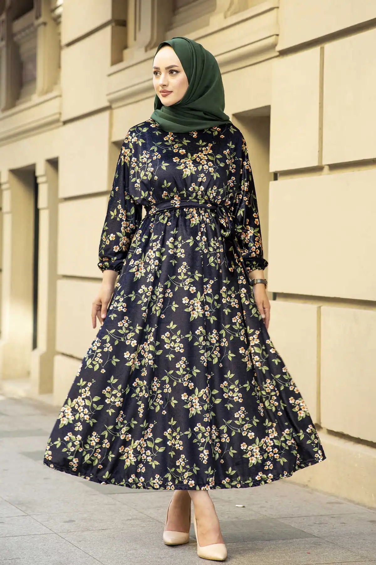 Floral Velvet Bat Sleeve Dress Pattern Winter Autumn 2021 Muslim Women Hijab headscarf Islamic Turkey