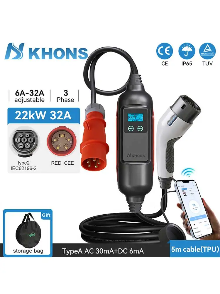 Khons 22 kW tragbares EV-Ladegerät Typ 2 32 A EVSE 3-Phasen-Ladegerät, roter CEE-Stecker, geeignet für EV-Aufladung, WIFI-APP-Steuerung, 5 m Kabel