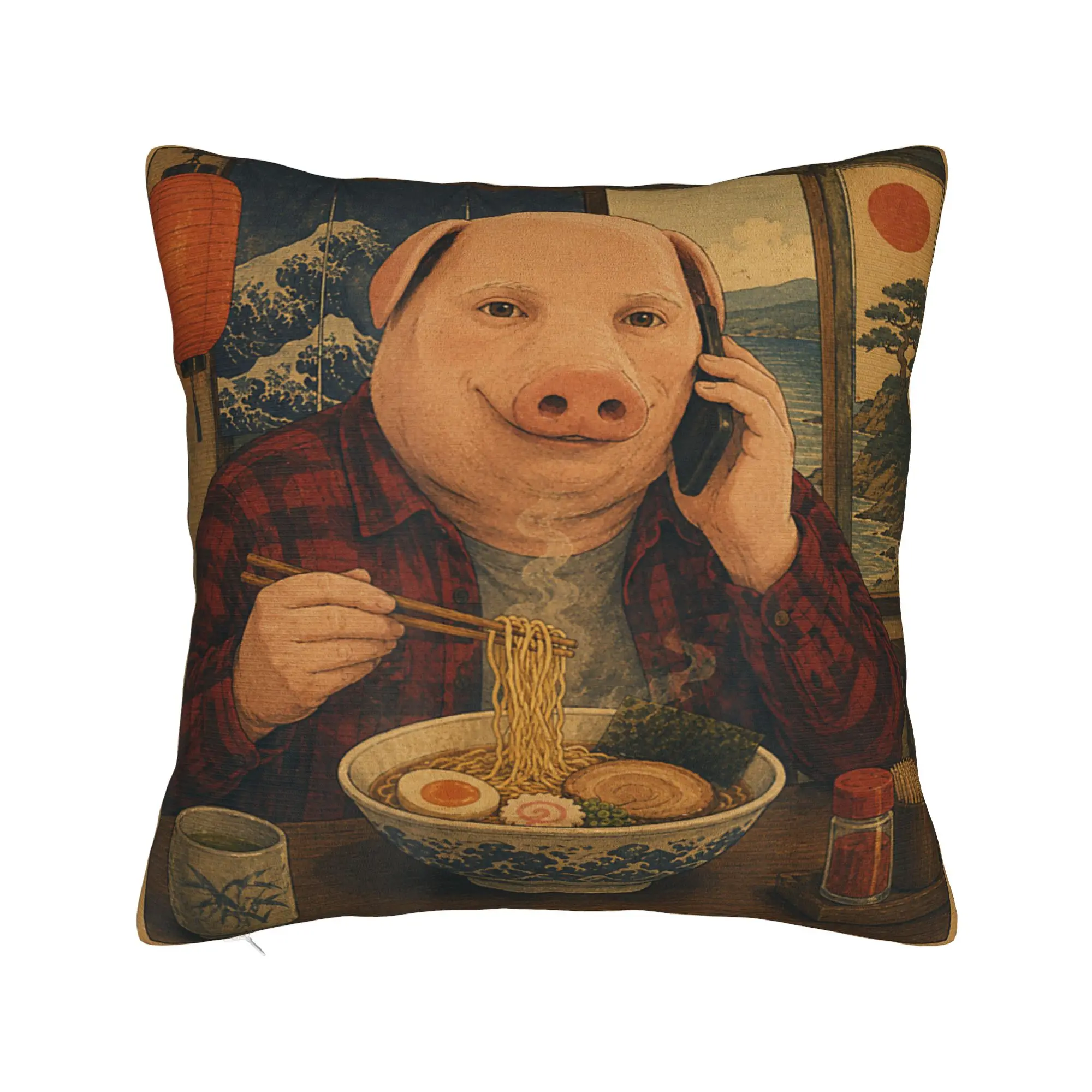 John Pork Japanese Vintage Ramen Noodles Funny Meme Brainrot Pillow Case Cover Cushion Cover For Sofa Couch Bed Living Room