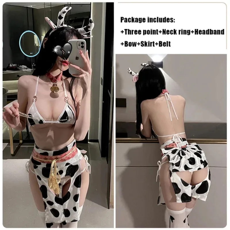 Nuevo 2025 Kawaii vaca mucama Cosplay Anime japonés titular Mini delantal traje lindo leche Bikini conjunto de lencería para mujeres Animal C eqs9X