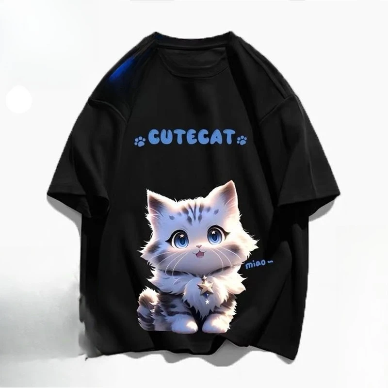 Camiseta Verano En Coton À Manches Courtes Chat Mignon Pour Hommes Et Femmes, Ample, Surdimensionné, Marque Tendance, Manches Cinq