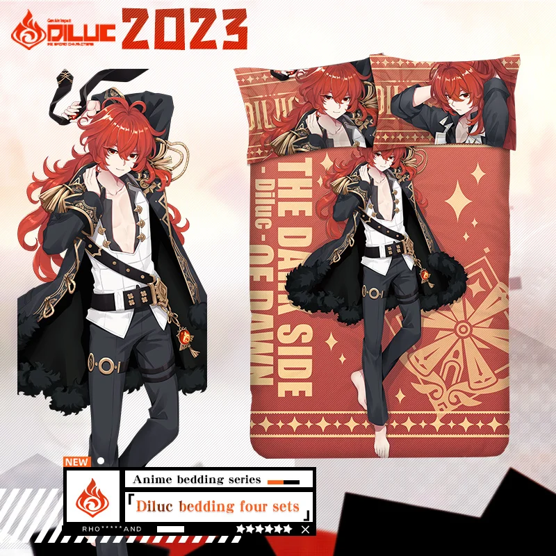 Anime Genshin Impact Cosplay Bed Flat Sheet Quilt Cover Pillowcase Diluc Ragnvindr Cartoon Bedding Comforter Sets