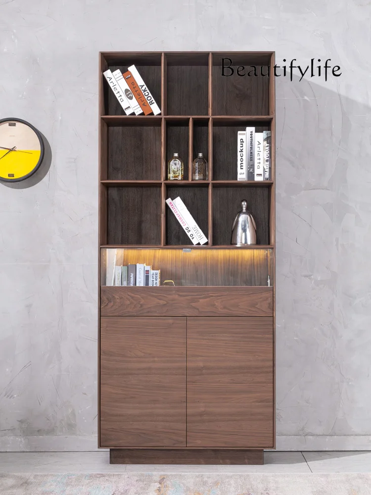 Nordic Retro Black Walnut Solid Wood Bookcase Modern Simple Home Glass Door Display Cabinet