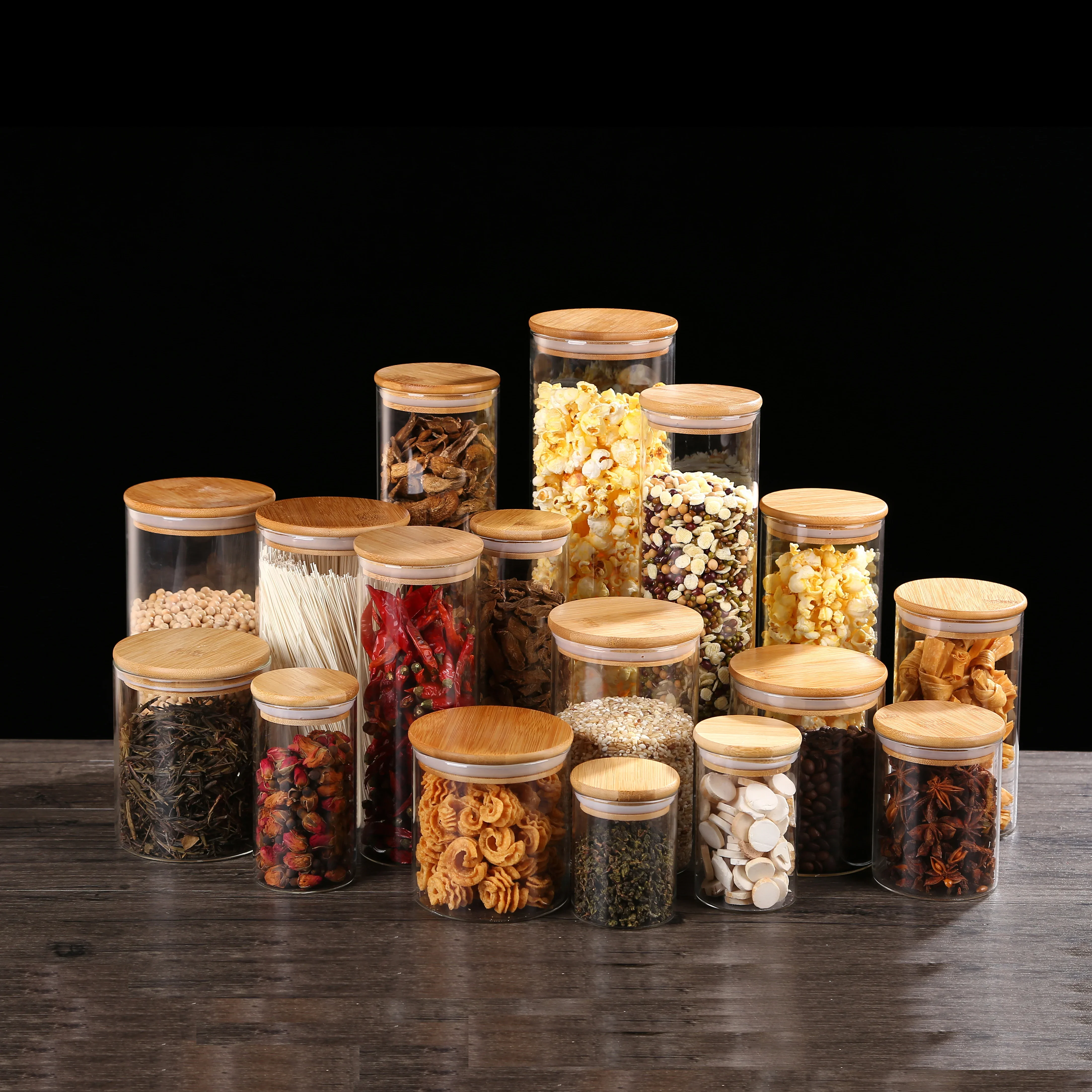 Home Kitchen Mason Organizer Sealed Glass Storage Jars with Bamboo Lid for Food Noodles Coffee Candy Bean Nut Bottle Container