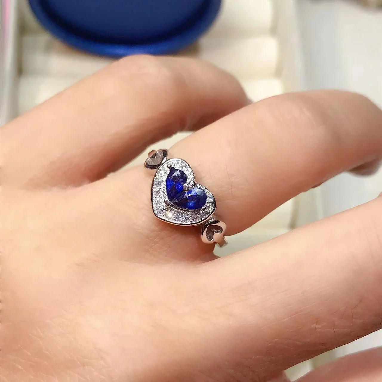 Romantic 925 Silver Heart Ring with Gold Plating3mm*5mm Total 0.3ct Natural Sapphire Ring Gift for Woman
