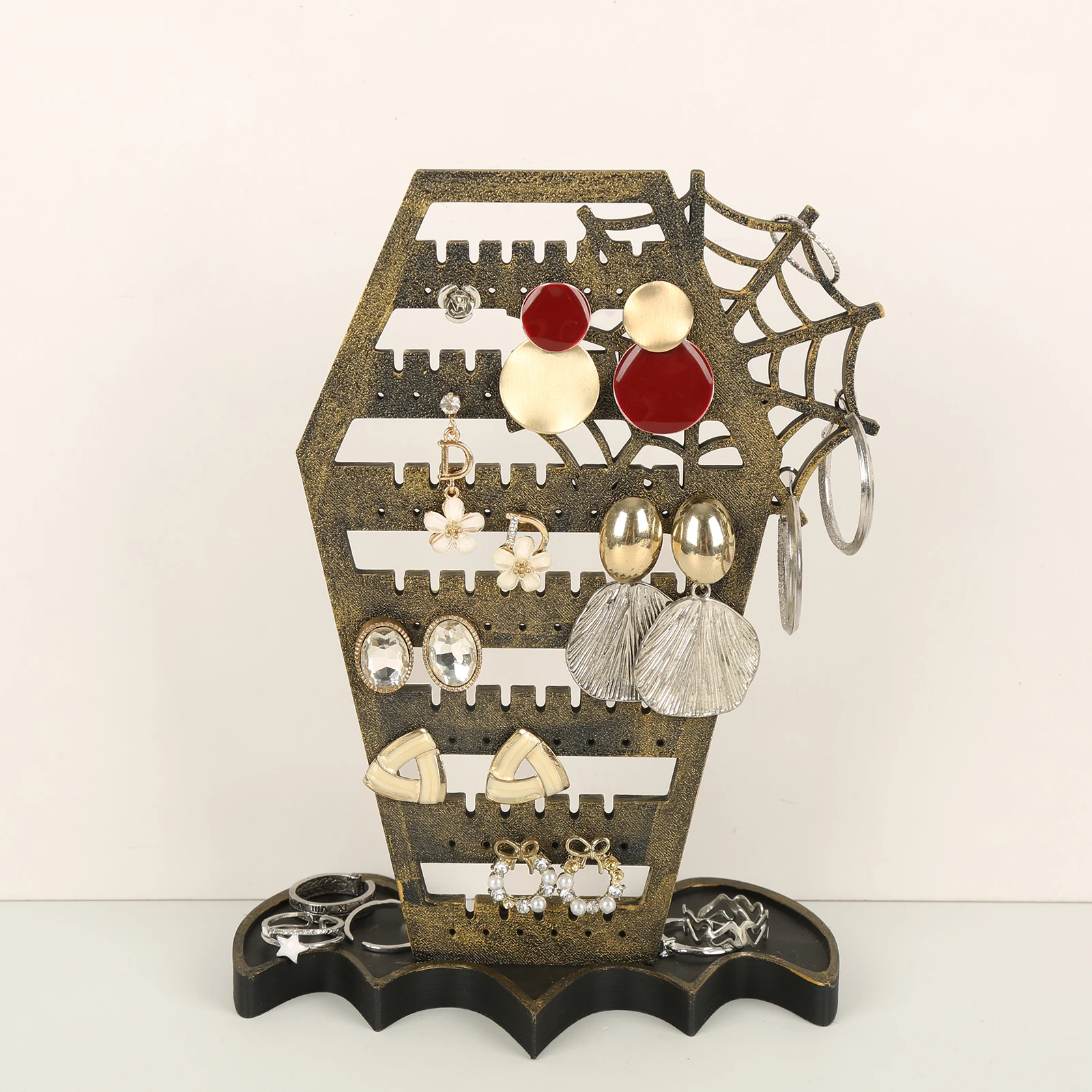 Cross‑border Gothic Coffin Spider Web Wooden Earring Holder Halloween Desktop Jewelry Display Stand Stud Necklace Accessory Orga view 4