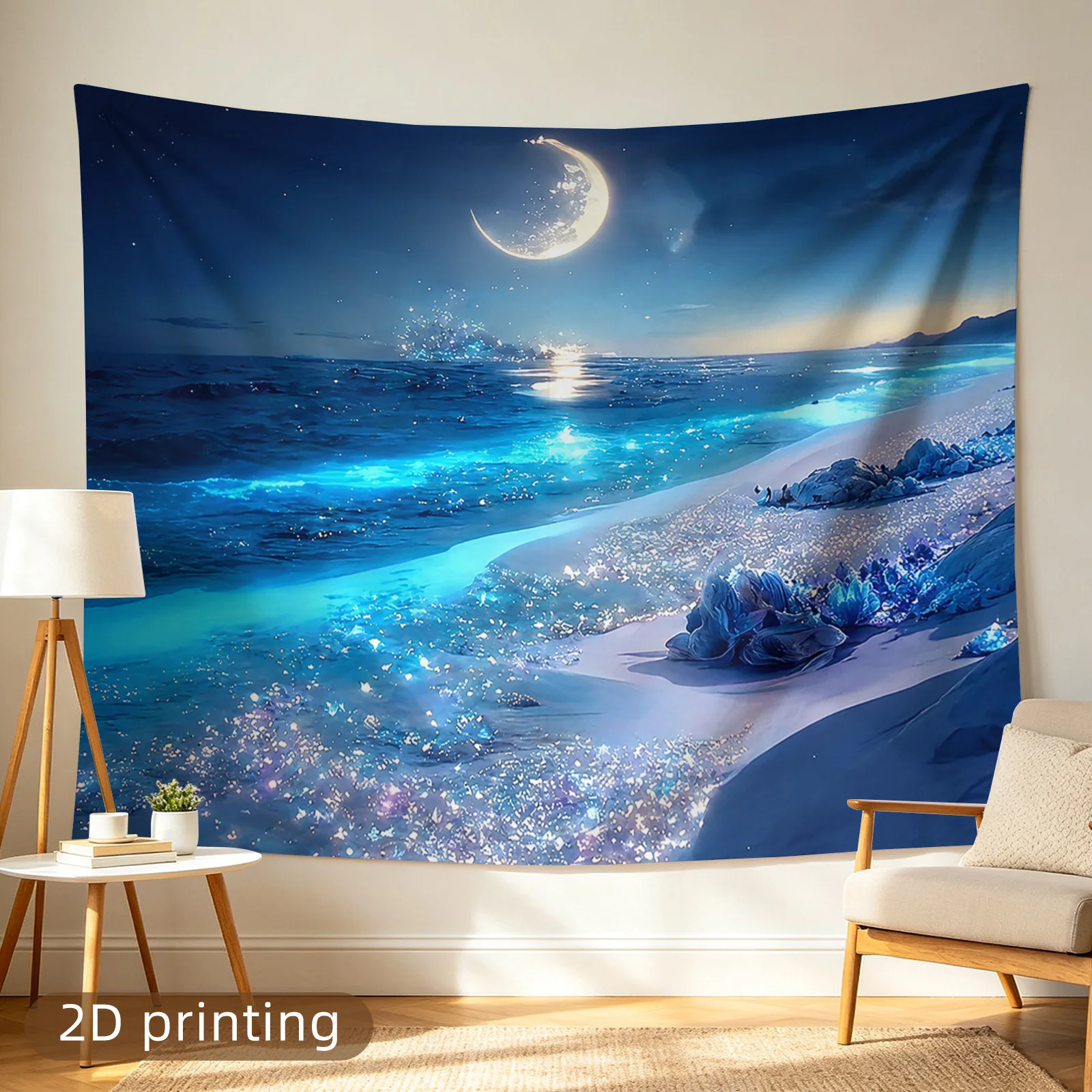Moon Beach Tapestry, Sparkling Beach Glowing Sea Water Crescent Moon Starry Night Wall Tapestry,Nature Scene Decor for Home Wall