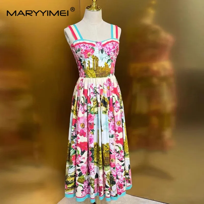 MARYYIMEI Fashion Design Women\'s Dress Square-Neck Spaghetti Strap Backless High waist Slim Print Pleated Cotton Dresses