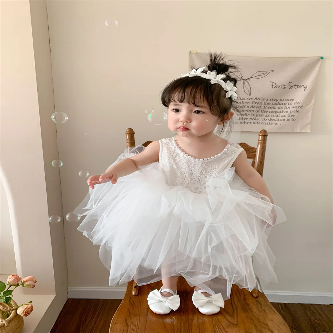 Inventory Girl's Embroidered Lace Princess Dress  Fashion Bow Bubble Sleeves Fluffy Dress Carnival Wedding Performance Dress